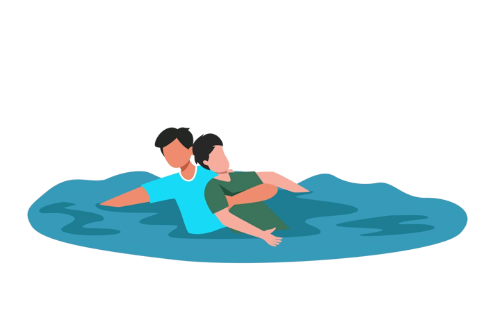 Illustration of a man rescuing another man in the water, holding him across the chest and using his other handle to paddles to safety. 