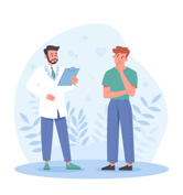 Illustration of Doctor in white jacket talking to a young person