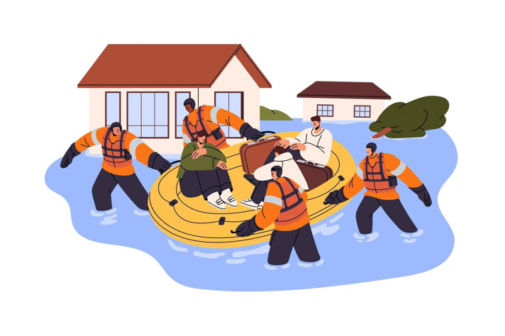 Illustration of a flooded area with rescuers wearing high vis assisting the people into a dinghy.