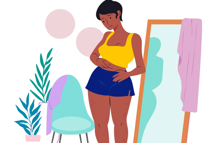 Illustration of a woman worried about her body shape staring at herself in front of a mirror. 
