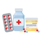 Packet of tablets, bottle of medicine with a red cross on the label, and a yellow pot of medicine.