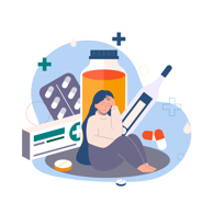 Illustration of girl sitting on the floor looking sad, surrounded by medication